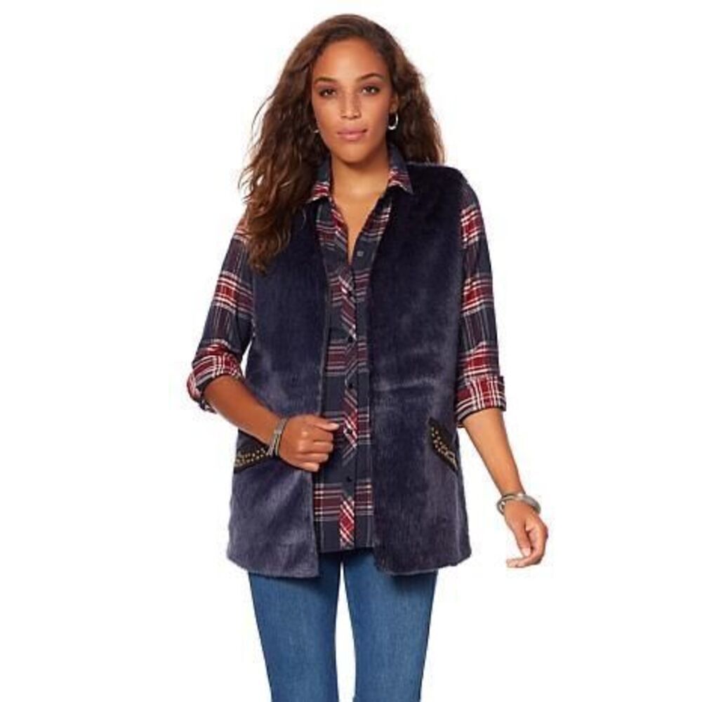 La Bellum Hillary Scott Faux Fur Vest Open Front medium navy blue beaded